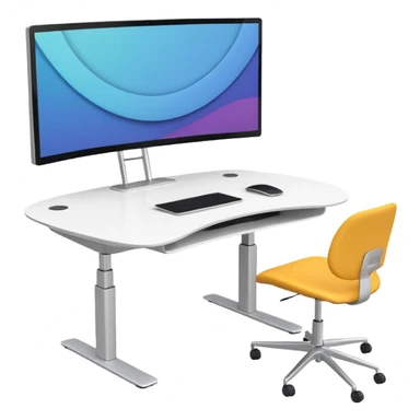 A height-adjustable office desk with a visible central lifting mechanism and a large flat monitor placed on top. The desk should look modern and minimal, symbolizing an ergonomic workstation. Rounded shapes, flat bright colors, consistent with standard emoji design. sticker