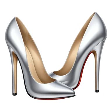 A pair of high heel shoes emoji made of polished silver chrome, elegant sharp silhouette, smooth metallic surface, glossy reflections, luxury sexy vibe, minimalistic iOS emoji style, centered, clean white background sticker