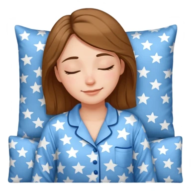{
      "type": "human",
      "look": "woman in star-print pyjamas, soft blue set, sleepy smile",
      "description": "a woman in soft blue star-print pyjamas smiling sleepily"
    } sticker