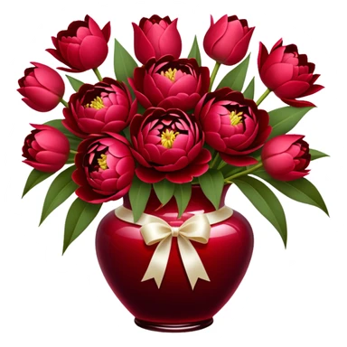"An exquisite floral arrangement in a deep red glass vase, filled with velvety red peonies, classic roses, and striking tulips, accompanied by silky pearl-colored ribbons that drape gently over the surface." sticker