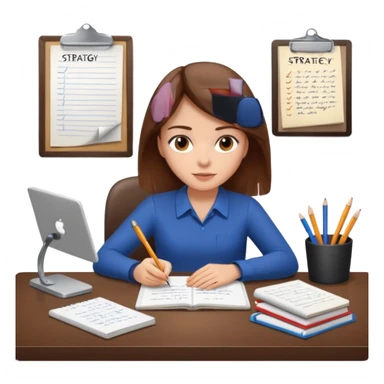 a girl with brown hair on a desk writing on a note book with a lot of papers around and on the papers is writing business strategy  sticker