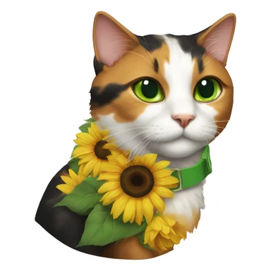 calico cat with green eyes and sunflower collar sticker
