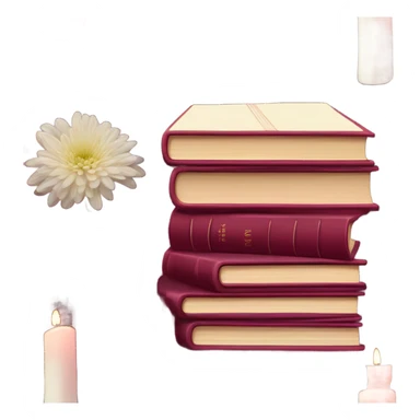 A maroon book stack adorned with ruby-red chrysanthemums and a candle sticker