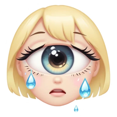 Cute anime-style crying girl eye, big round eye with a teardrop falling down, sparkly pupil, long lashes, soft pastel colors, kawaii emoji aestheti sticker