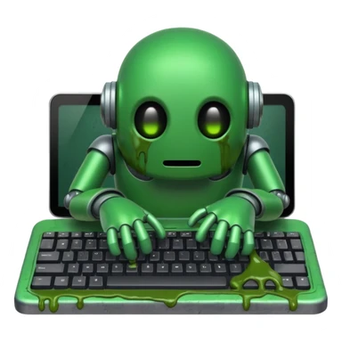 An emoji of a green robot melting away covered in thick green sludge sad and depressed, crawling out of a keyboard.  sticker