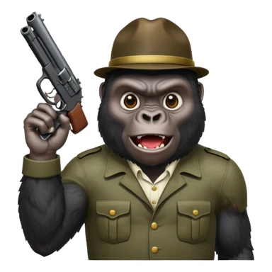A gorilla holding a gun in the air making a silly face sticker
