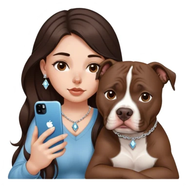 ￼ a young girl with long dark brown hair cascading down her face. It’s with her phone in her hands, sitting next to her pitbull with a small diamond nose ring in her nose. sticker