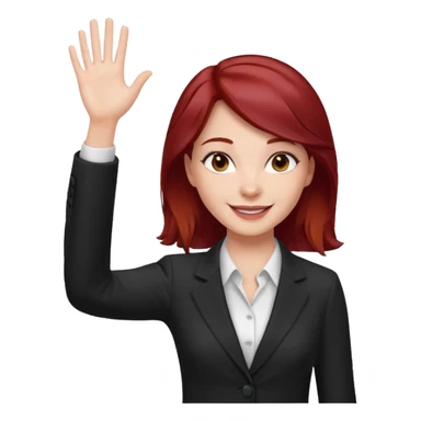 reate Emoji of white girl with bussines outfit is waveing with one hand and make her hair stronger dark red color please sticker