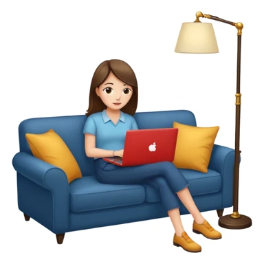 A girl is working with a laptop while lying on a sofa, with a floor lamp to the right. sticker