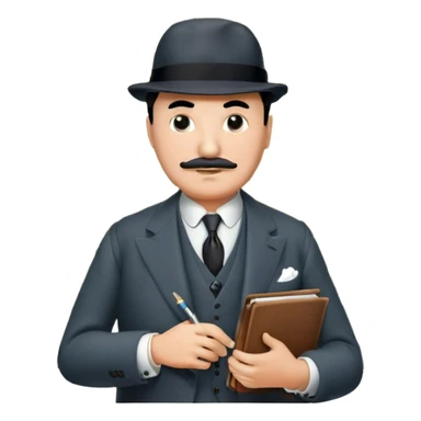 A cinematic-style frame showing Hercule Poirot in his iconic suit with a notebook in a dramatic detective pose. Background should be mysterious city, map, a board with photos of suspects, clues like fingerprints. Transparent background. sticker