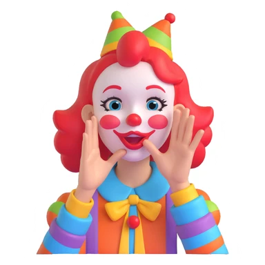 cartoon clown girl, hand raised to her mouth in a secret-sharing gesture, fun and animated style, vivid colors sticker