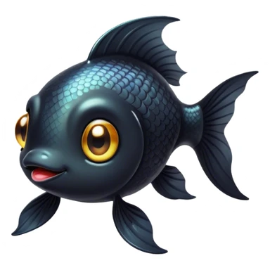 Cinematic Cute Black Goldfish Portrait Emoji, Head tilted playfully and inquisitively, featuring a glossy, deep black body with shimmering scales and round, sparkling golden eyes filled with curiosity, Simplified yet irresistibly adorable features, highly detailed, glowing with a warm, friendly glow, high shine, affectionate and lively, stylized with a touch of whimsy, bright and endearing, soft glowing outline, capturing the essence of a mischievous yet loving goldfish, so playful it feels like it could swim out of the screen and into your heart! sticker