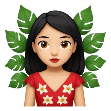 Lilo from Lilo & Stitch as an apple style emoji, simple facial expression, red dress with white leaf pattern, black hair sticker