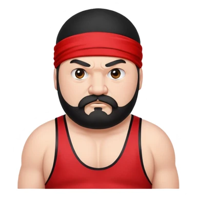 Close-up of extremely fat white skin guy with young face, prominent BLACK DURAG tied clearly on head, distinct black beard and mustache, no muscle, black eyes in a red and black wrestling singlet with angry face sticker