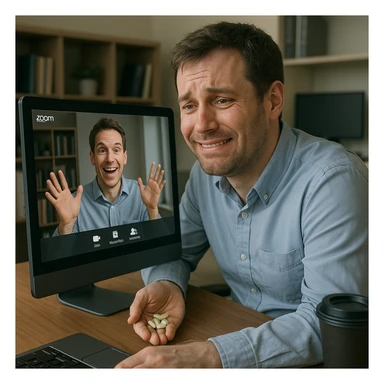 Man in his mid-30s, Zoom meeting, forced smile, hand under desk holding caffeine pills, screen reflection shows slouched posture, virtual avatar energetic, hyperrealistic 4K, office background sticker