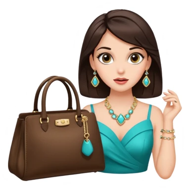 Glam brunette girl with eyelashes and fa looking left and right between two purses, playful puzzled expression — can’t decide between two options sticker