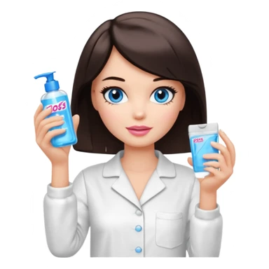 Barbie girl with makeup, blue eyes , and bob haircut, short dark brown hair in white pajamas, face gel in hand sticker