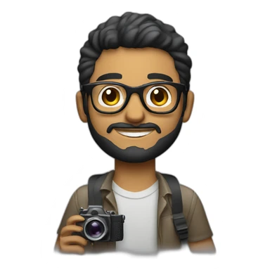 Young Latino film director with small beard and glasses holding a super 8 mm camera sticker