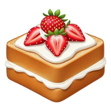 square toast topped with fluffy white cream, decorated with a strawberry bow made from two strawberry halves and a small sliced center, bright red and glossy sticker