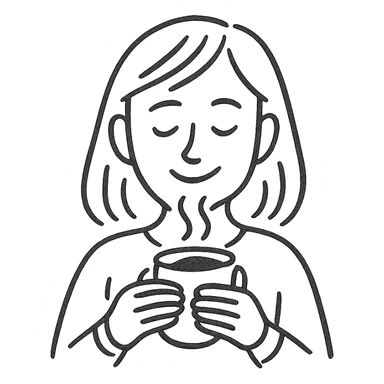 hand-drawn pen sketch emoji of a woman enjoying coffee, smiling softly, holding a steaming cup with both hands, minimal color or just black lines, simple casual style, relaxed cozy atmosphere, clear facial expression sticker