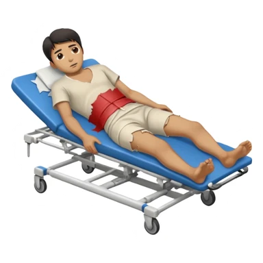 a man of oriental appearance, dressed in torn clothes, full length, in a prone position, with injuries on a medical stretcher, 1980 sticker