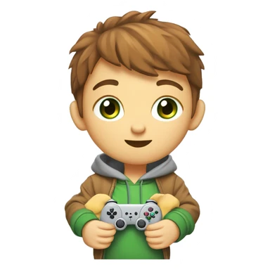 Young cartoon character,
short chestnut hair, green eyes,
grey hoodie, holding controller,
gaming items around, giraffe nearby,
lion cub, playful expression, cool style,
modern look, green background sticker