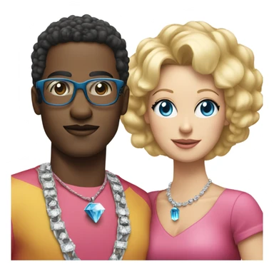 black man with black afro and glasses and wearing a red shirt standing next to a white woman with blonde hair with blue eyes wearing a pink dress and a big diamond necklace sticker