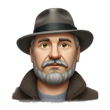 Russian writer Alexander Kuprin Photorealism A plump serious man of Slavic appearance with Small eyes with goatee beard and mustache, with a  short haircut, big detailed face, wrinkled face, wearing a fedora hat sticker
