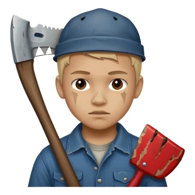 13 y/o Brian robeson at the beginning of Hatchet
distressed, has hatchet, small scratches on face, no blood on hatchet sticker