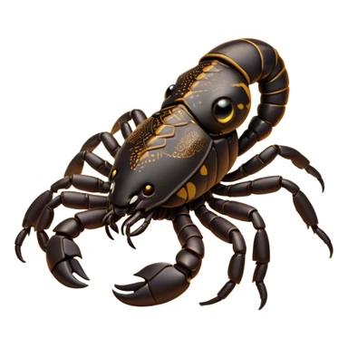 Cinematic Cute Emperor Scorpion Portrait Emoji, Head tilted playfully and inquisitively, with a compact, rugged build and a sleek, dark exoskeleton highlighted by delicate, intricate patterns and round, sparkling eyes full of curious defiance, Simplified yet irresistibly adorable features, highly detailed, glowing with a warm, friendly glow, high shine, affectionate and quirky, stylized with a touch of desert whimsy, soft glowing outline, capturing the essence of a mischievous yet endearing scorpion that feels like it could pinch its way out of the screen into your arms! sticker
