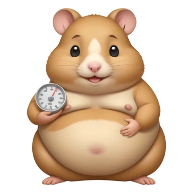 fat hamster holding pregnant belly smiling holding a tiny food scale sticker