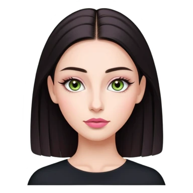 Front-facing portrait of a young woman with fair glowing skin, symmetrical features, light green almond-shaped eyes, long lashes, soft arched brows, straight refined nose, and full natural pink lips. Dark sleek hair pulled back with a middle part.  sticker