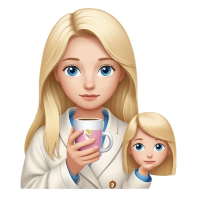 girl
blue eyes
long blond hair
wearing housecoat
holding a white mug of coffee that says mom
wearing rose gold apple watch  sticker