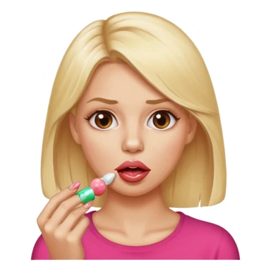 Elle fais une peu petasse, elle se mord le coin la lèvres. Elle est blonde. Ongles vernis marrons. Elle mâche un chewing-gum  sticker