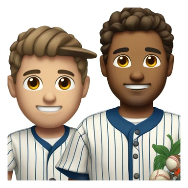 Man with brown hair in a Hawaiian shirt negotiates with a Latino baseball player wearing pinstripes  sticker