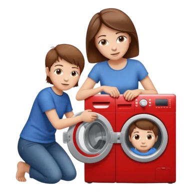 Mother and little son with brown hair putting clothes in the washing machine sticker