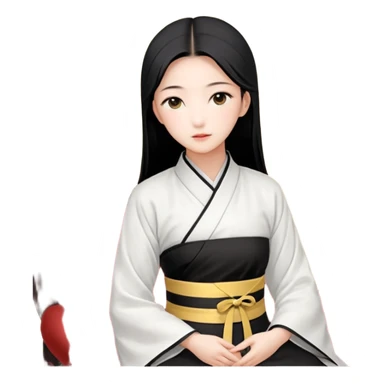 一个中长直发，平刘海，黑色框架眼镜的黄皮肤女生全身，白色泡泡袖娃娃衫，蓝色牛仔裤和粉色鞋，黑色画家帽。 sticker