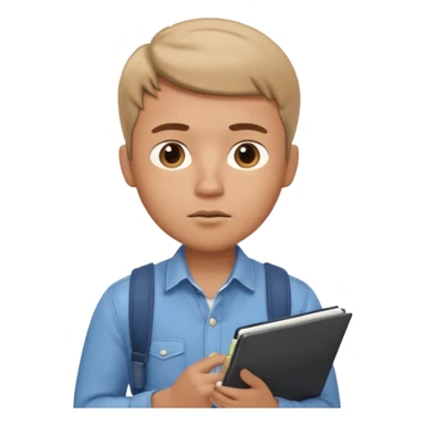 male memoji, man in casual shirt, looking up thoughtfully, holding notebook, dreamy distracted expression sticker