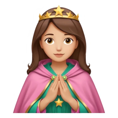 Mujer de piel morena, rostro sereno, manos juntas. Vestido rosa, manto azul verdoso con estrellas doradas. Resplandor dorado alrededor del cuerpo. sticker