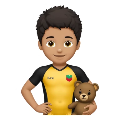 Une garçon qui a les cheveux noir qui sourit il a un maillot de l’algerie et qui a un doudou sur son epaule un ours jaune qui a des habille noir sticker