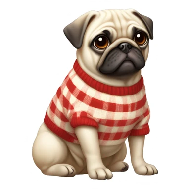 all cream pug,no black snout, wearing a red and white checkered sweater sticker