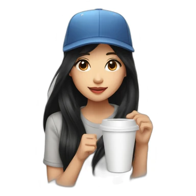 A long black hair cool Asian girl wear a baseball cap and have a cup of coffee sticker