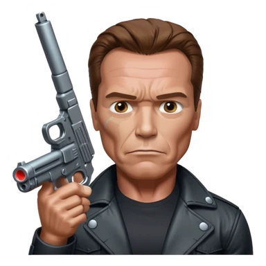 Arnold Schwarzenegger as the Terminator, holding a raised gun, realistic emoji style sticker