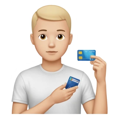 a 25 year old man thinking whit his hand forming an l shape on his chin whit short buzz cut hair whit a white t shirt and holding a credit card in his left hand make shure the card is medium sized so you can see it from a far make shure the caracther is big and a yellow background sticker