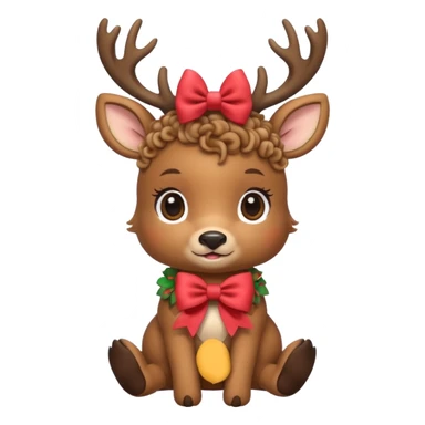cute deer with curly fur, sitting down, wearing a bow on its head. sticker