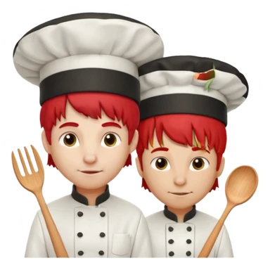 A rat with a fringe, long black hair and chefs and a man with red hair and a chefs hat sticker