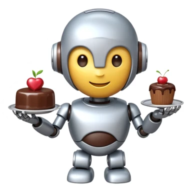 The cute robot is holding dessert in its hands, 3d emoji sticker