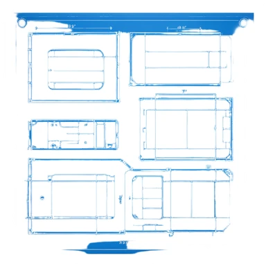 blue blueprint plan with white lines, side and top view combined sticker