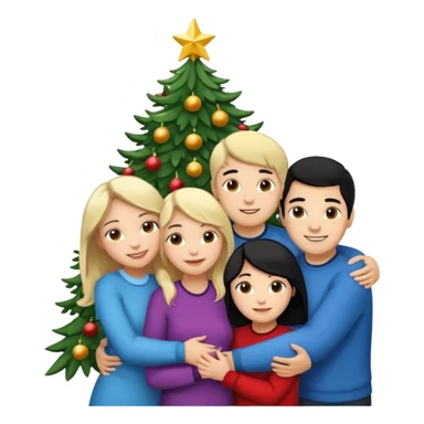 Generate Christmas-style emojis  family. Where light-skinned people stand near the tree all together, hugging and smiling.  girl should be Light-haired woman, woman, black-haired woman, and 1 man . Add 4 people: Mother, Sister, Sister, Brother  sticker