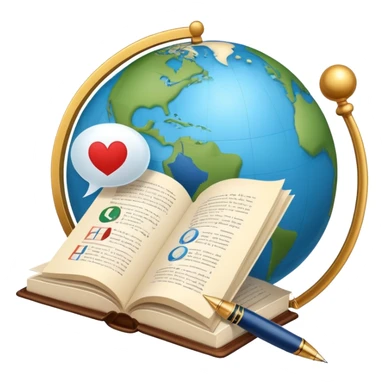 An icon featuring an open book, a speech bubble, and a pen, symbolizing philology and linguistics. The design includes a globe with language characters and grammar symbols, representing the study of languages and literature. Transparent background highlights language analysis. sticker